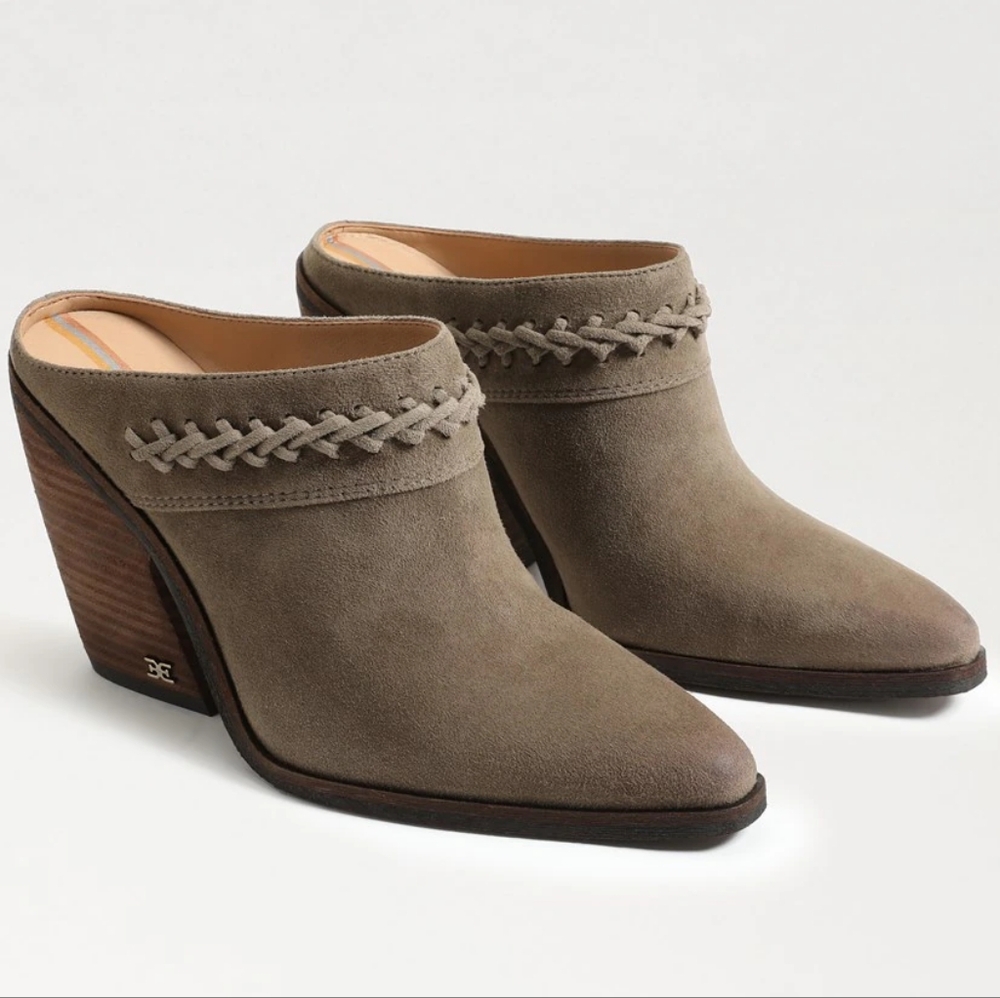 Sam Edelman Alison Western Mules in Desert Olive Suede, 3.5in Heel, Sz 7, EUC!